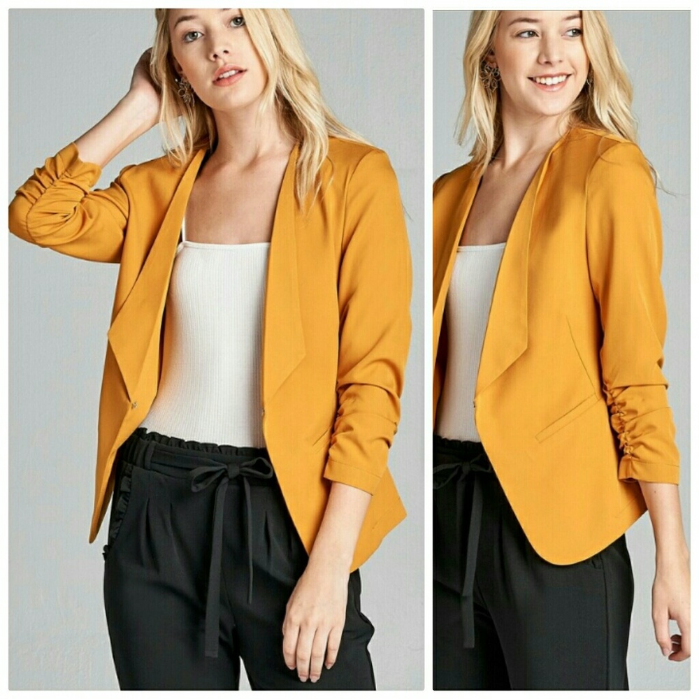Mustard Yellow 3/4 shirring sleeve open jacket
